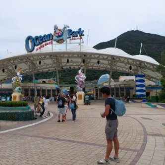 HK Ocean Park Frontdoor with Regulus taking a backpack