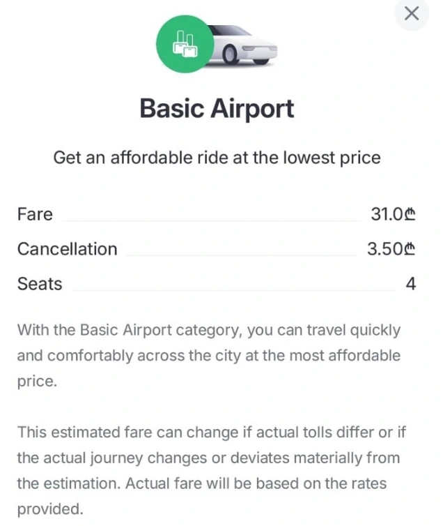Bolt TIbilit Airport To City Center Price