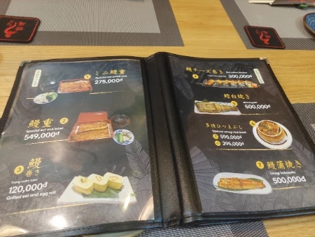 Different eel rice bowl menu at Mutsumian Yuugatei