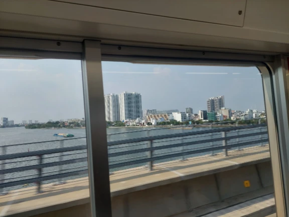 Enjoying the city landscape on the Metro