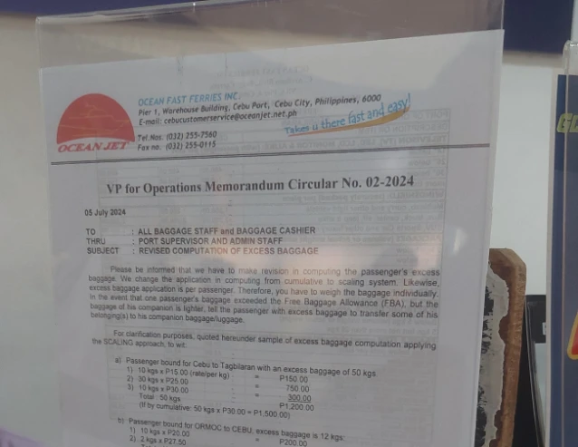 Excess baggage fee calculation Oceanjet