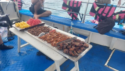 BBQ pork chicken prawn and fresh fruit are available