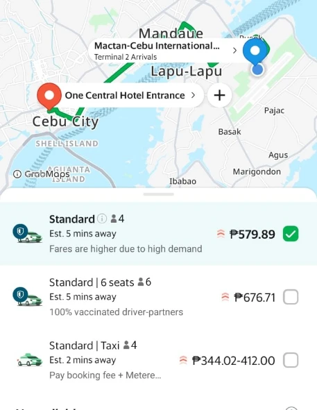 Standard Grab from Cebu airport to city center around 500 PHP