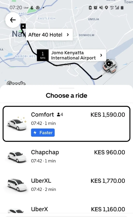 Uber price from NBO to city center in the morning