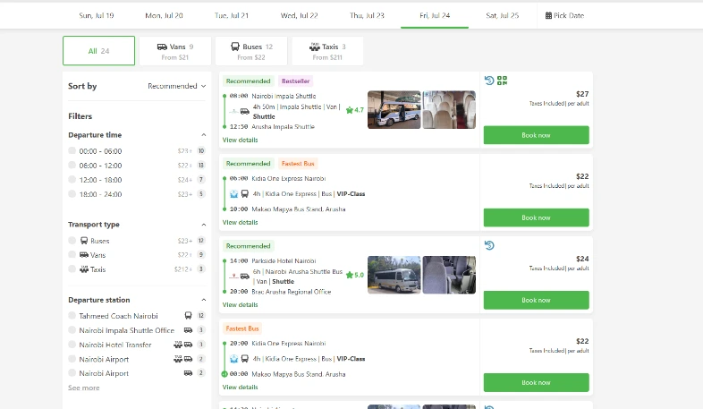 Arusha to Nairobi Shuttle Time Table