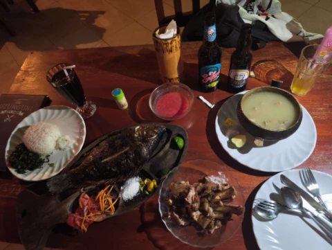 BBQ fish with beers at a local bar