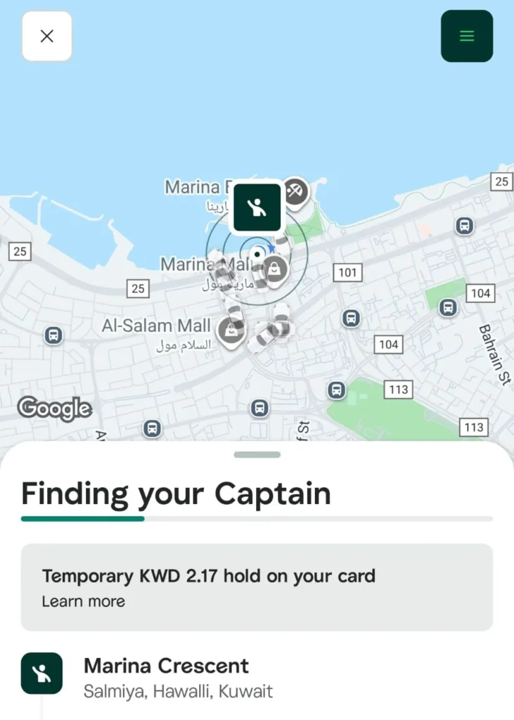 Careem will start finding drivers once location confirmed