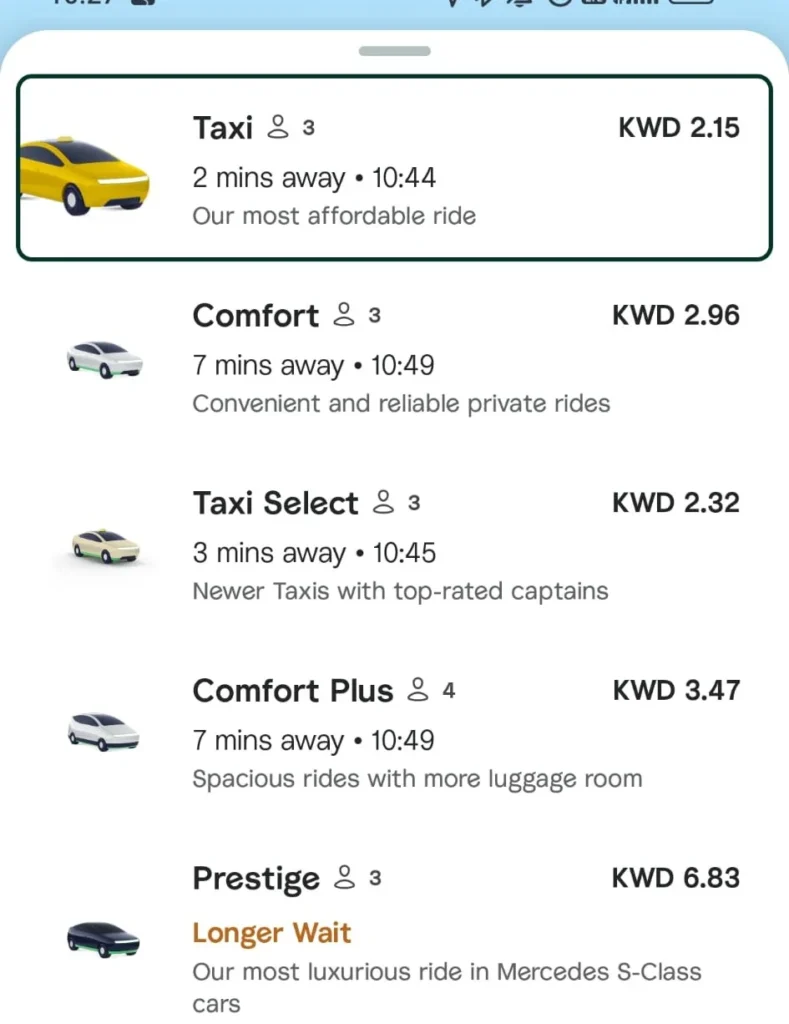 Pick you card type after choosing the location usually Taxi will do