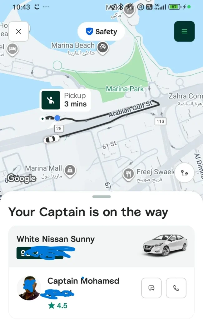 You will see the driver name card number and arrival time